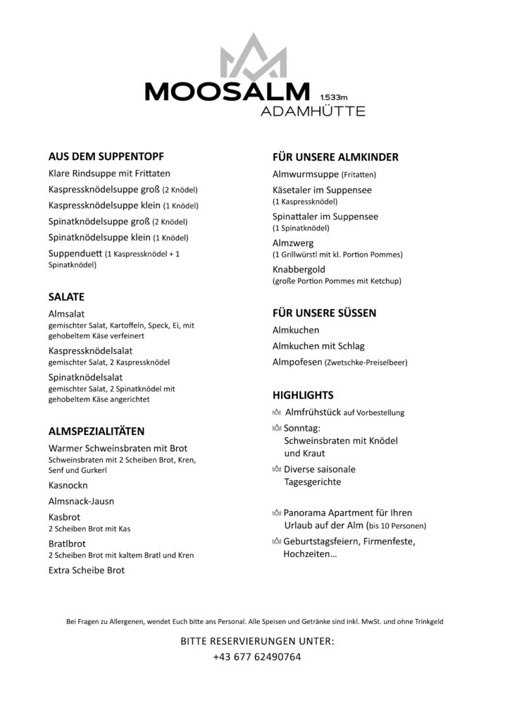 Speisekarte Moosalm 2026